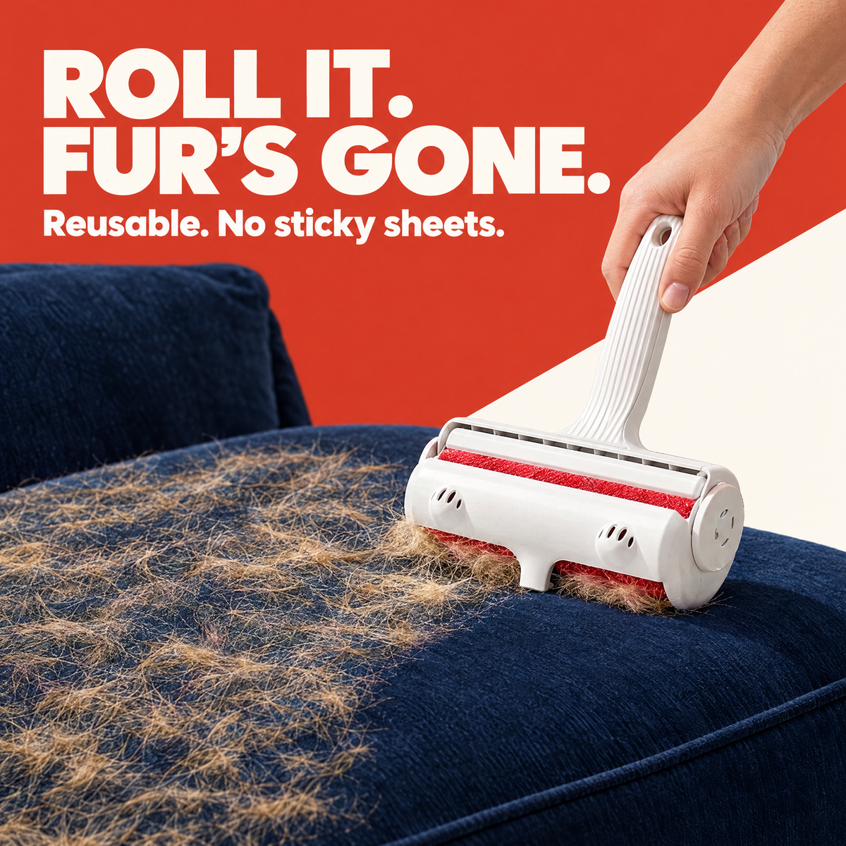 Roll it. Fur's gone. Hand rolling FurFix across a fur-covered navy couch
