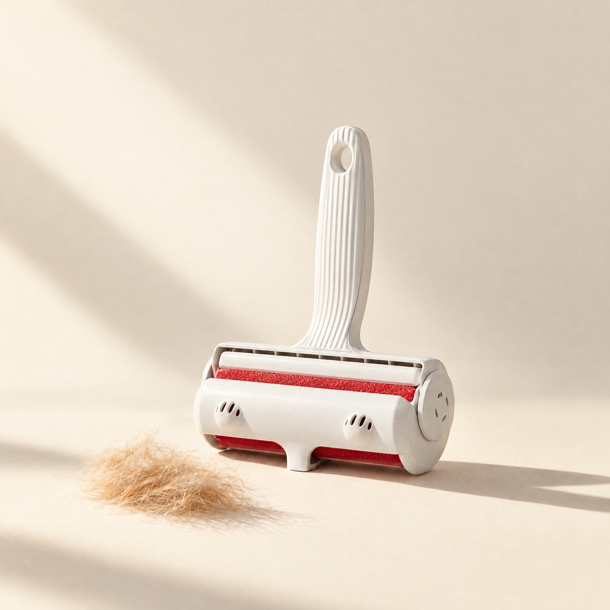 FurFix reusable pet hair roller standing on cream background with a tuft of dog fur